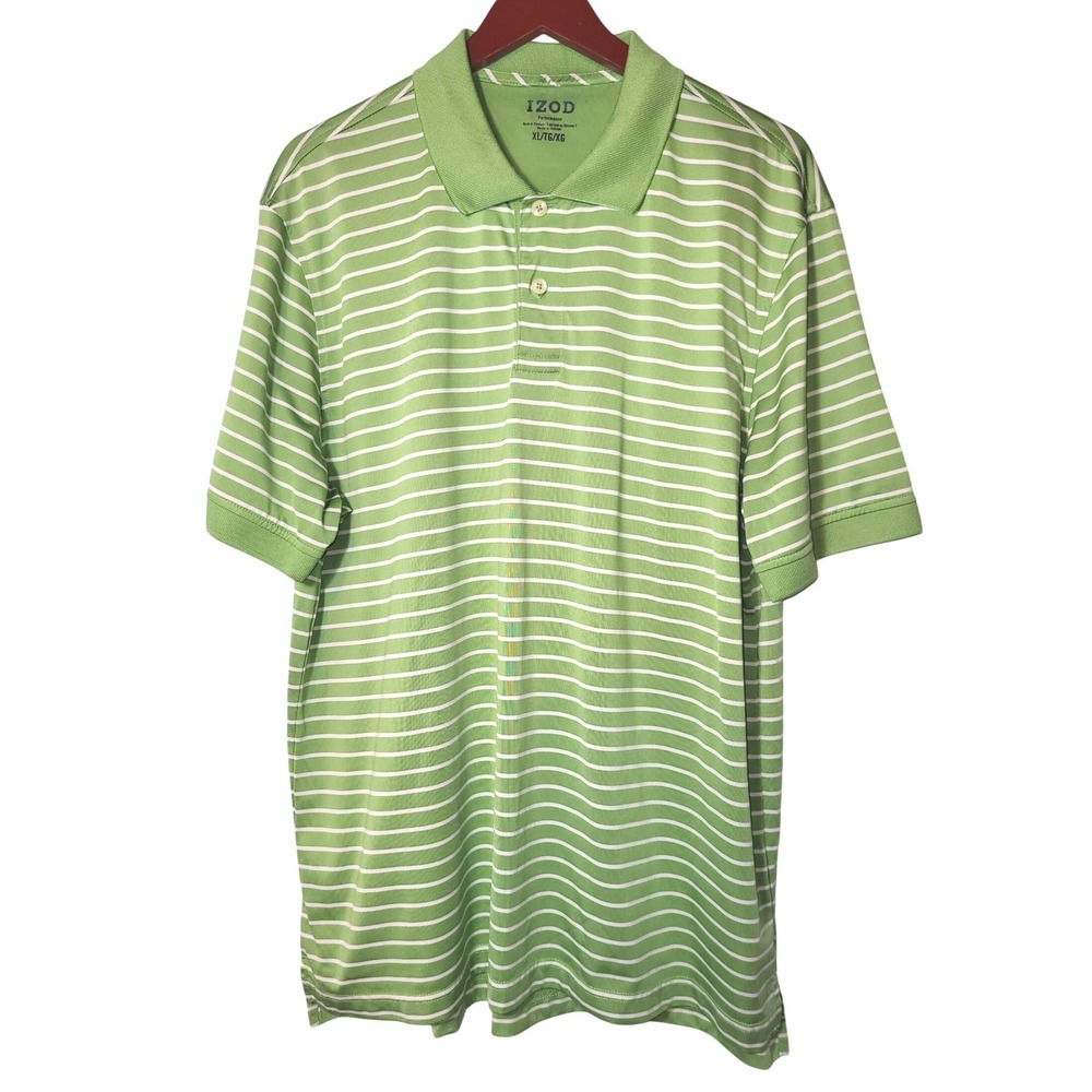IZOD Performance Mens XL Green White Striped Short Sleeve Golf Polo Activewear‎